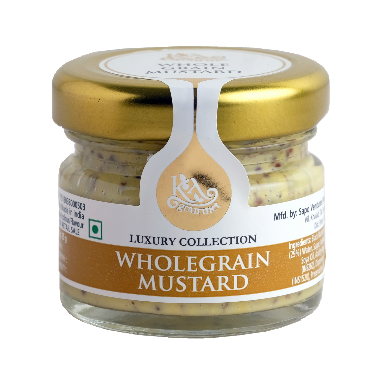 A jar of KA Gourmet Wholegrain Mustard, 28gm, labeled as part of the luxury collection.