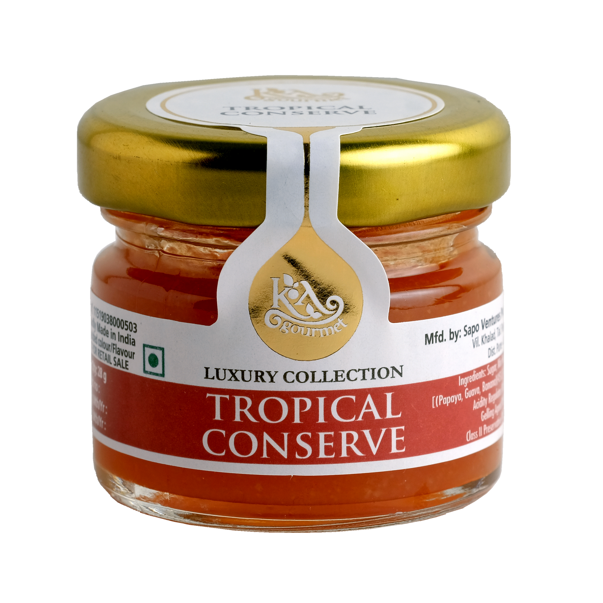 A jar of KA Gourmet Tropical Conserve with a gold-colored lid and a label that reads 'Luxury Collection Tropical Conserve'.