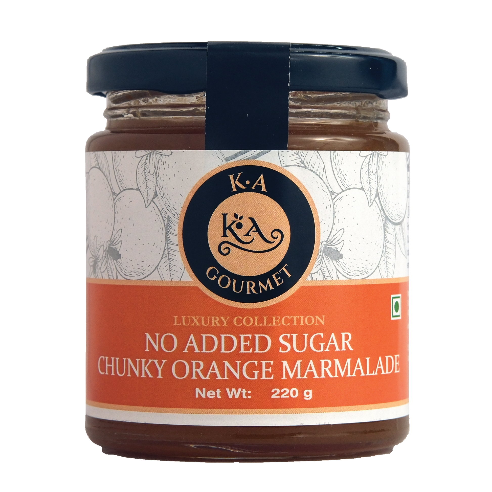 A jar of KA Gourmet No Added Sugar Chunky Orange Marmalade with a label showing the brand and product name, against a white background.