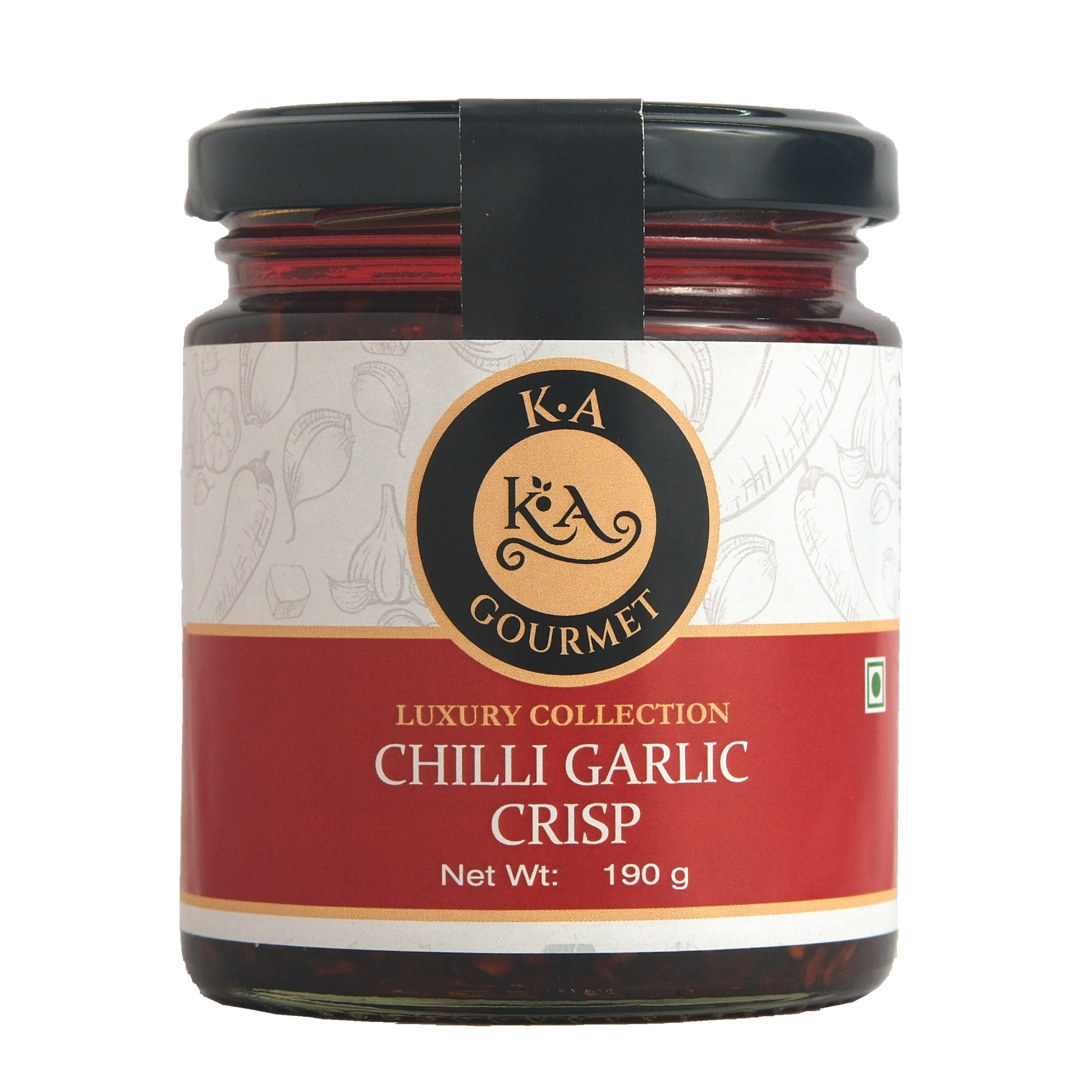 A jar of KA Gourmet Chilli Garlic Crisp in a clear glass jar with a black lid, labeled with the brand's logo and product details.