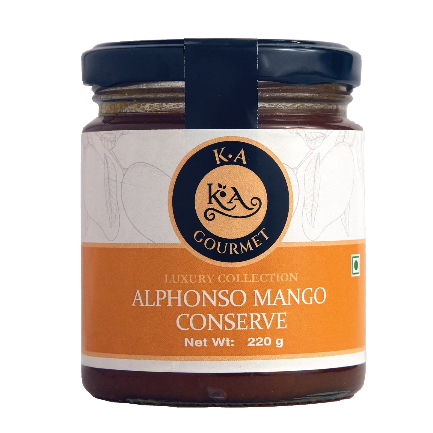 A jar of KA Gourmet Alphonso Mango Conserve with a label indicating it is part of the luxury collection, net weight 220g.