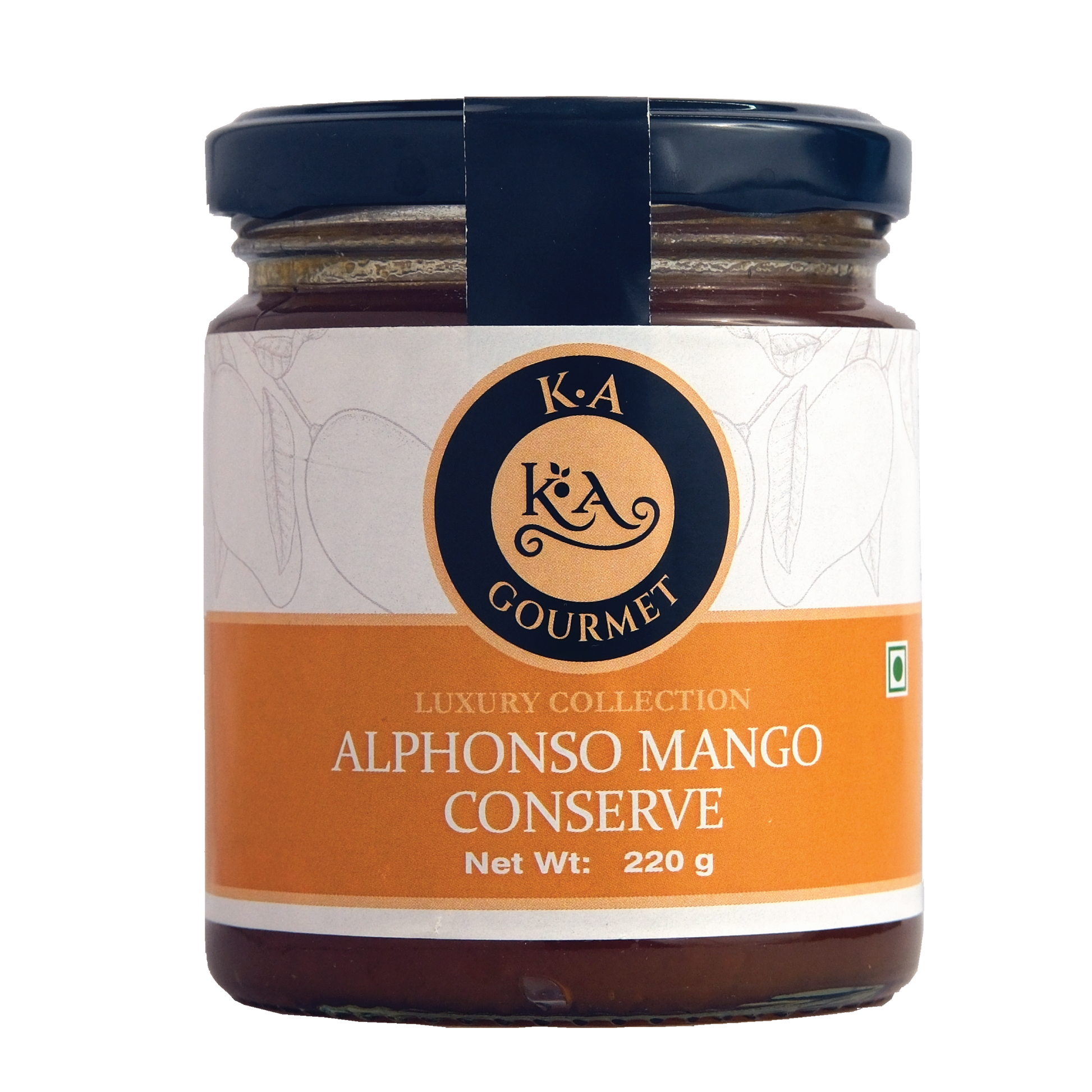 A jar of KA Gourmet Alphonso Mango Conserve with a label indicating it is part of the luxury collection, net weight 220g.