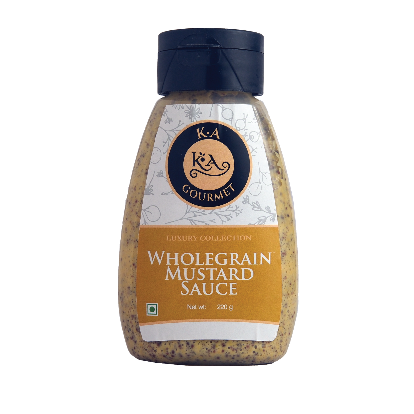 A bottle of KA Gourmet Wholegrain Mustard Sauce, 220gm, with a black cap and a label that includes the brand logo and product name.