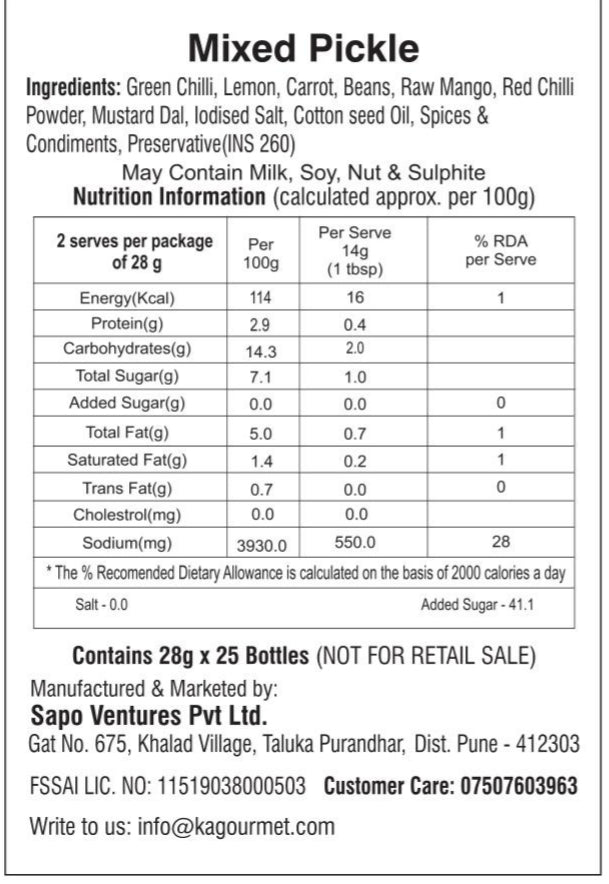 KA Gourmet Mixed Pickle 28gm x 25 - Mini